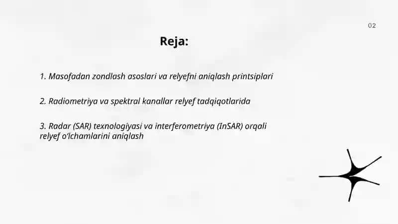 Masofadan zondlash yordamida Yer yuzasi relyefini, ularning o’lchamlarini va tiplarini aniqlash 2