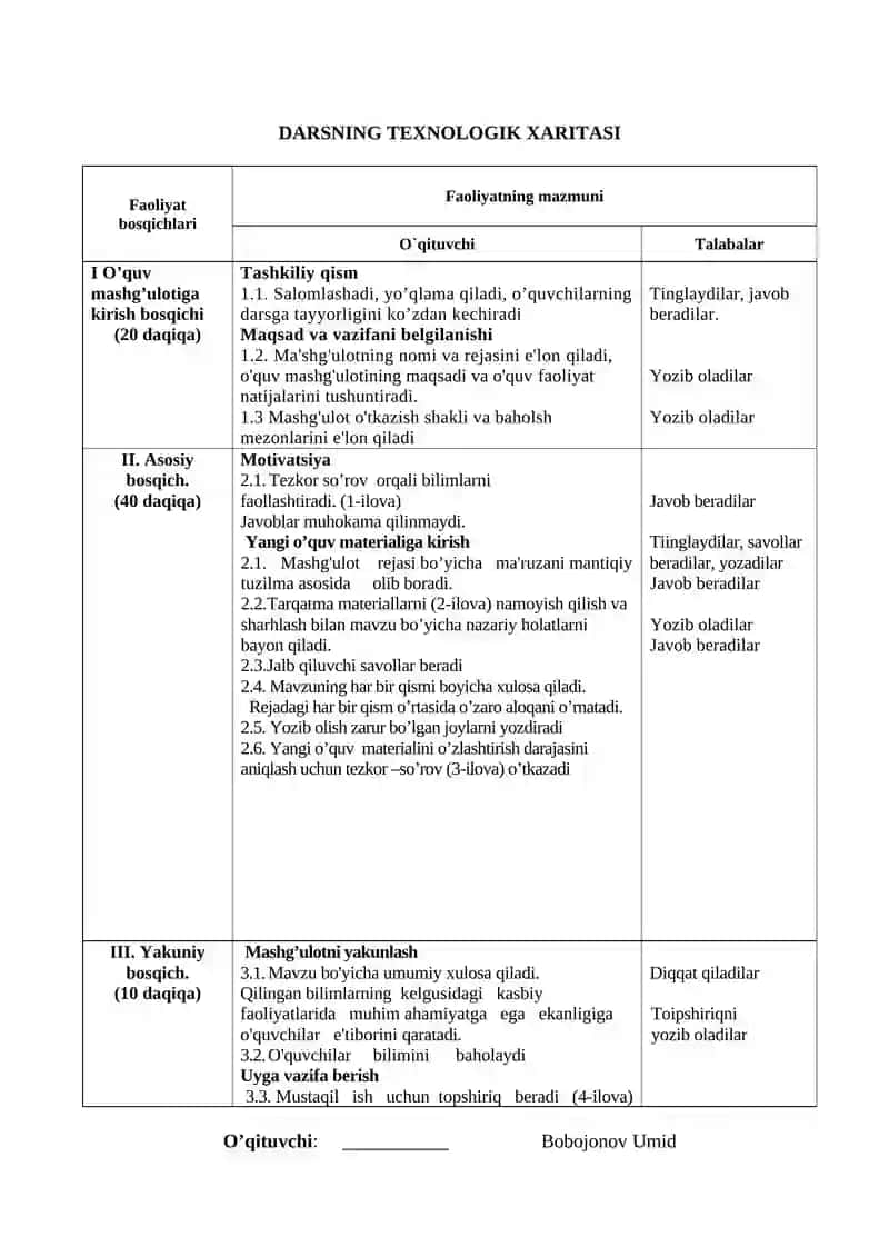 Traktor-kombayn shassilari tuzilishi va texnik xizmat ko’rsatish fаnidan o'quv mashg'ulotida ta'lim texnologiyasi modeli 2