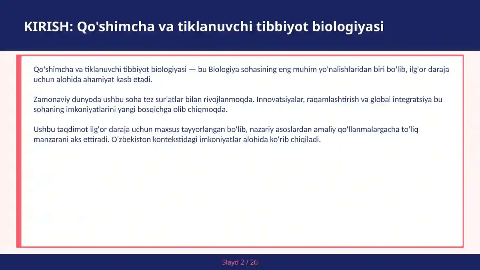 Qo'SHIMCHA VA TIKLANUVCHI TIBBIYOT BIOLOGIYASI 2