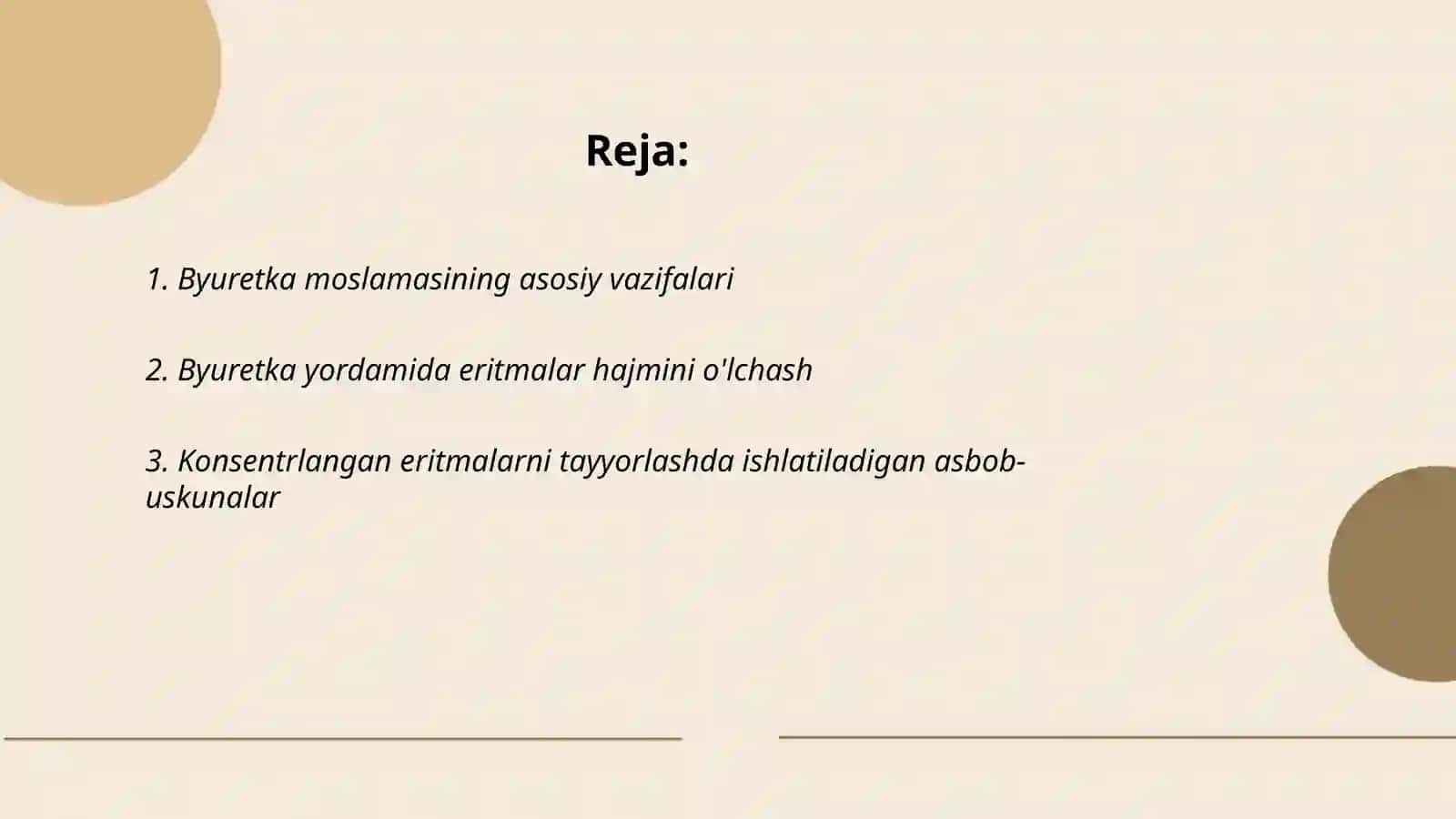 Byuretka moslamasi.Konsentrlangan eritmalarni tayyorlash usullari va murakkab miksturalar Tayyorlash 2