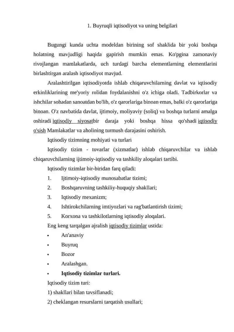 Buyruqli iqtisodiyot va uning belgilari 2
