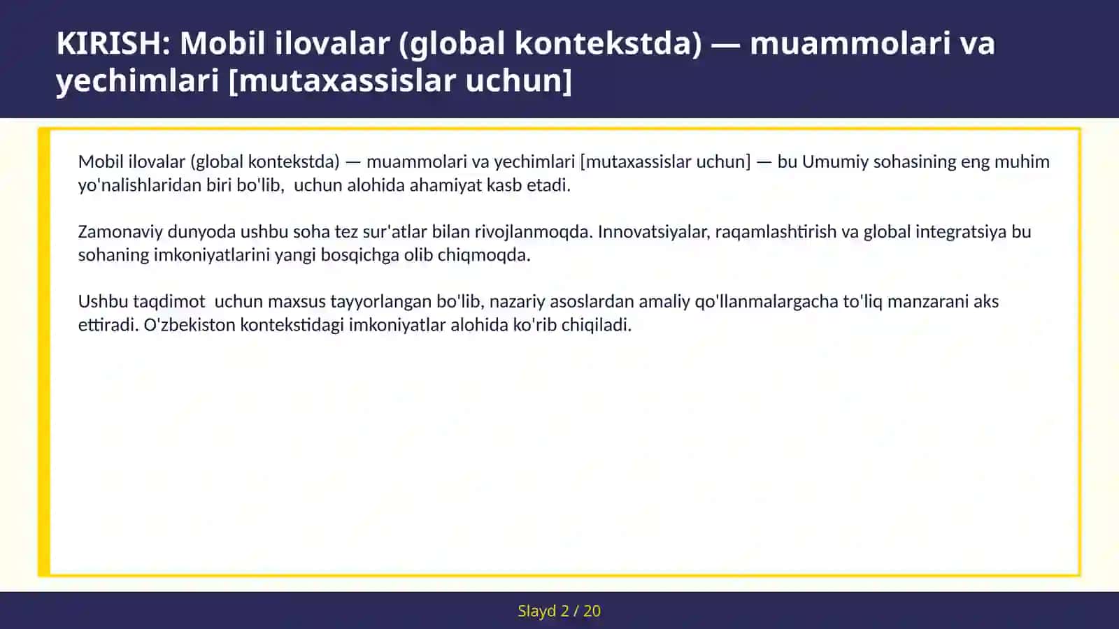 MOBIL ILOVALAR (GLOBAL KONTEKSTDA) — MUAMMOLARI VA YECHIMLARI [MUTAXASSISLAR UCHUN] 2
