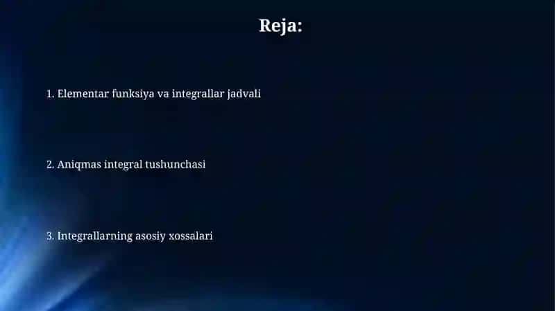 Elementar funksiya va integrallar jadvali 2