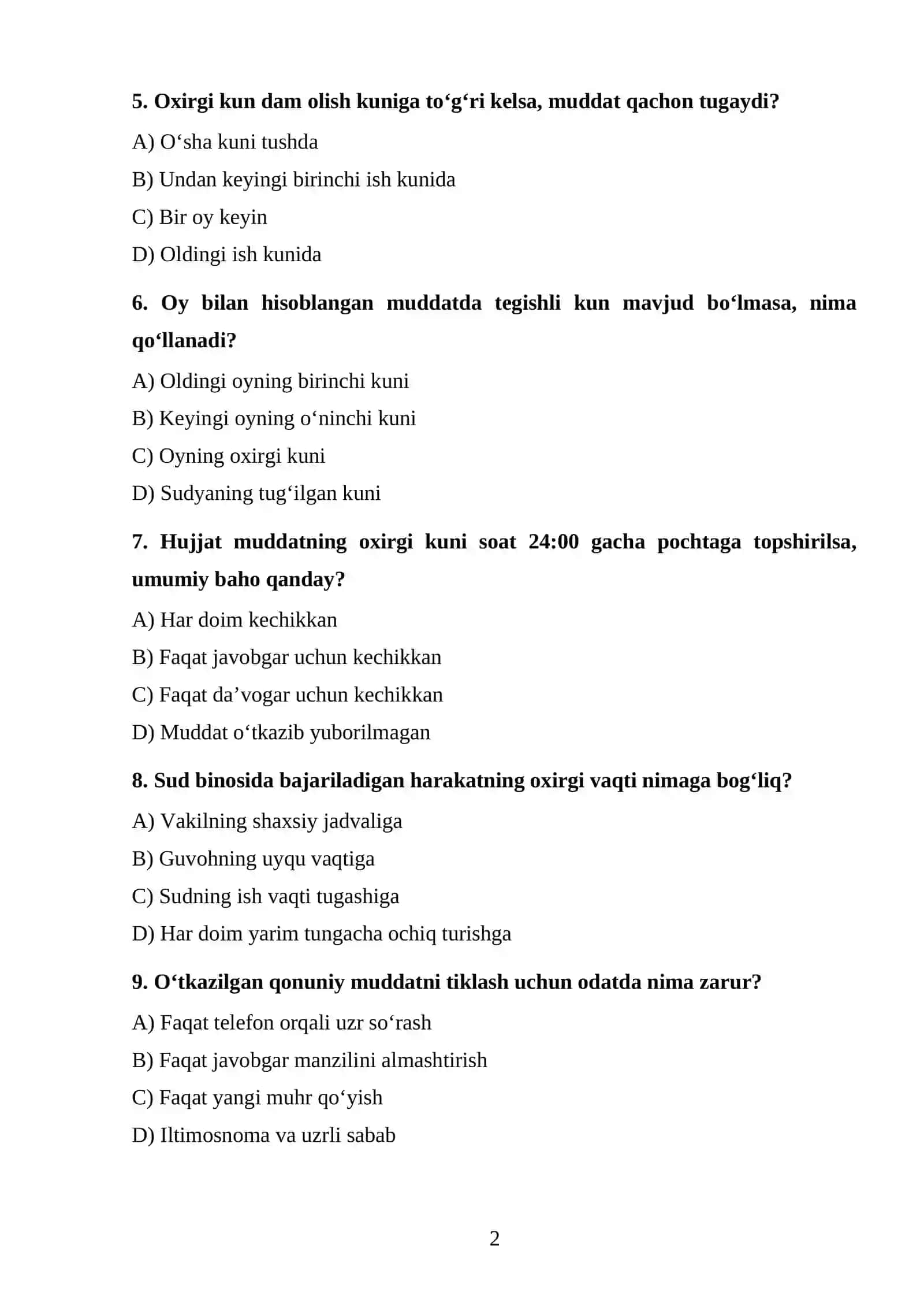 Protsessual muddatlar TEST 2
