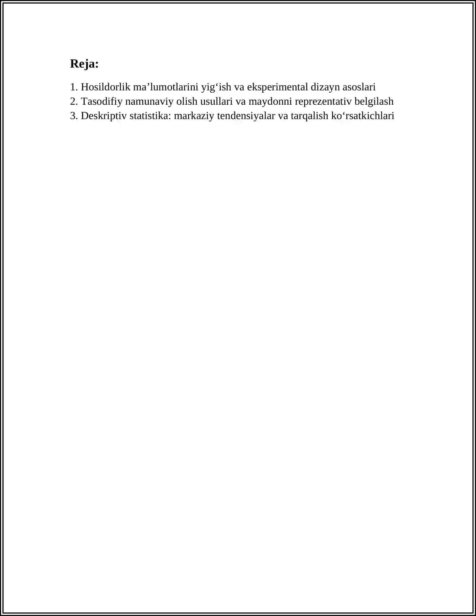 QISHLOQ XOʻJALIK EKINLARI HOSILDORLIKLARIGA STATISTIK BAHO QURISH 2