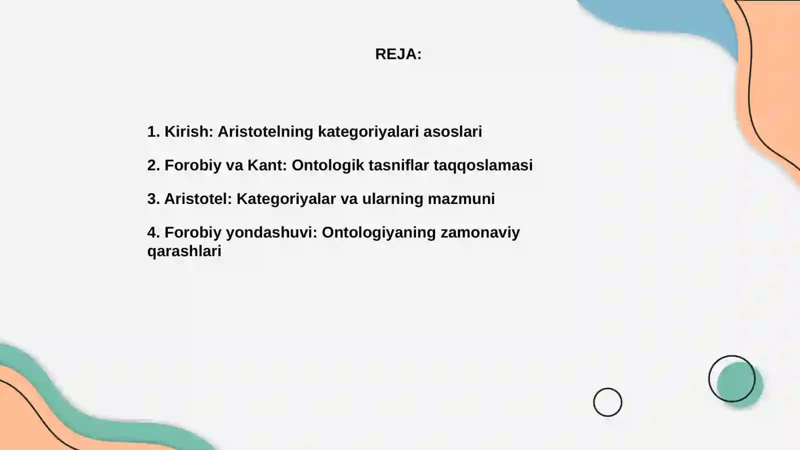 Aristotel, Forobiy va Kant ontologiyasida kategoriyalar tasnifi mavzusida esse tayyorlash 2
