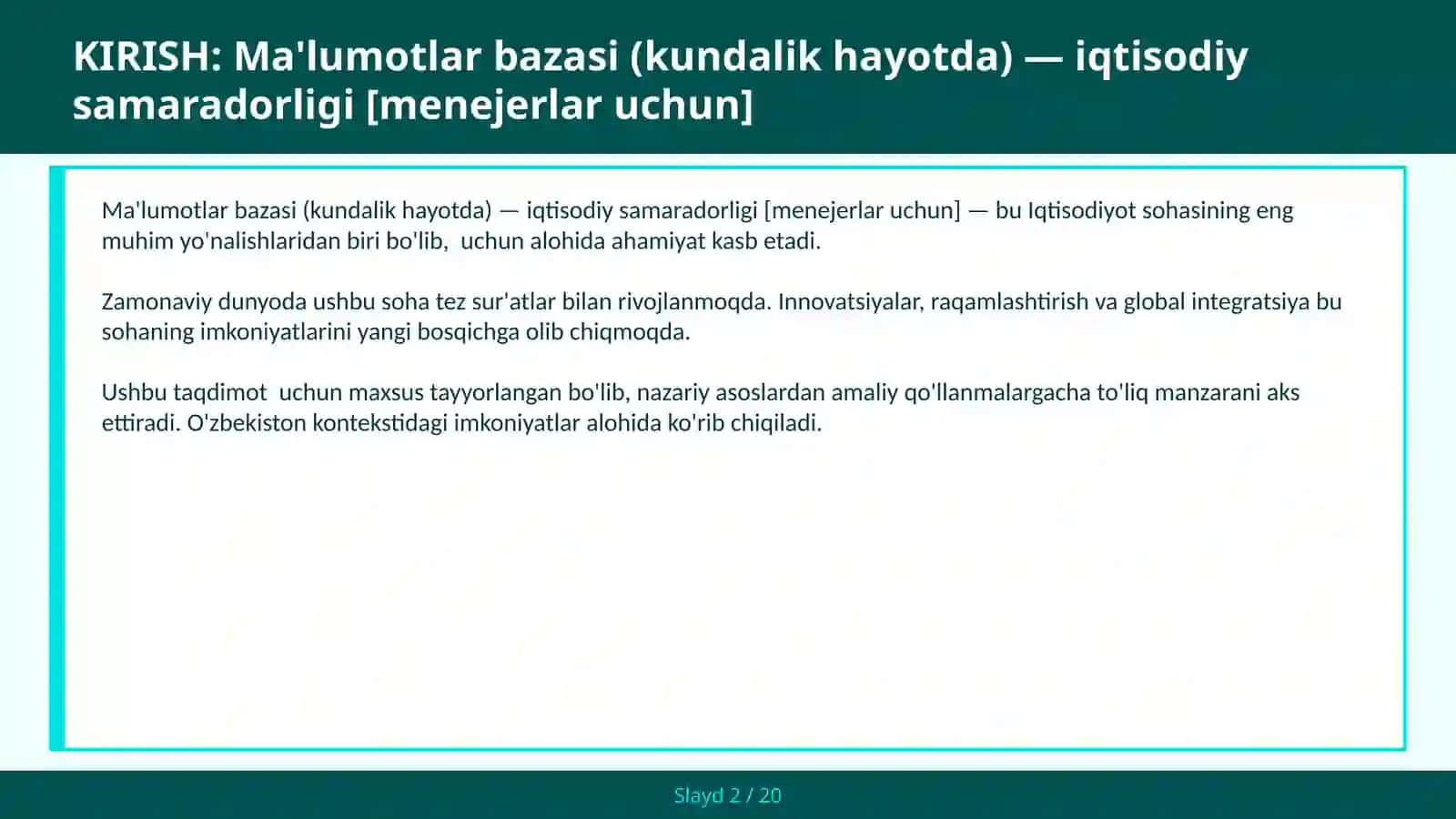 MA'LUMOTLAR BAZASI (KUNDALIK HAYOTDA) — IQTISODIY SAMARADORLIGI [MENEJERLAR UCHUN] 2