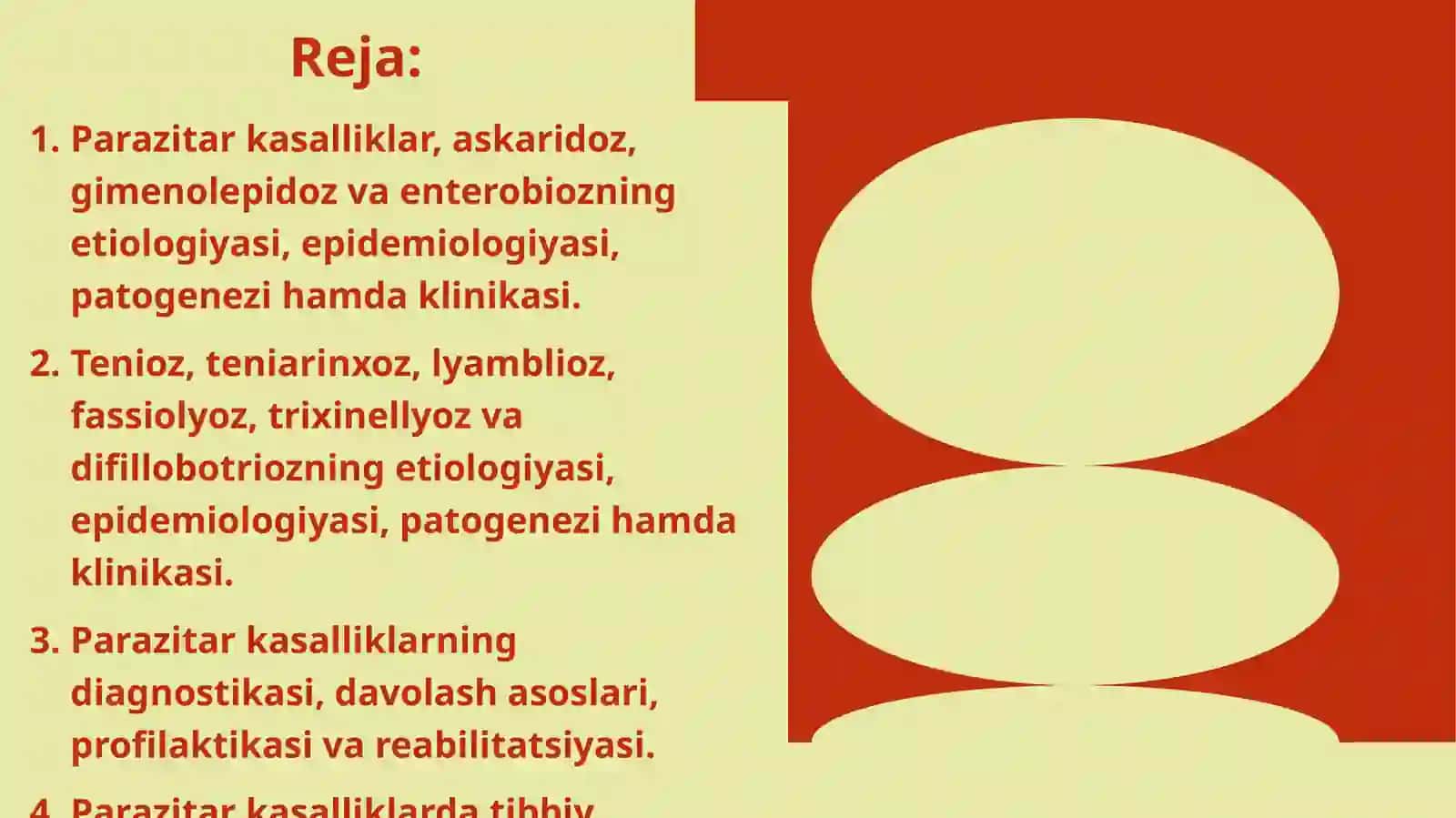 Oʻzbekistonda keng tarqalgan parazitar kasalliklar(askaridoz,gimenolepidoz,enterobioz,tenioz,teniari 2
