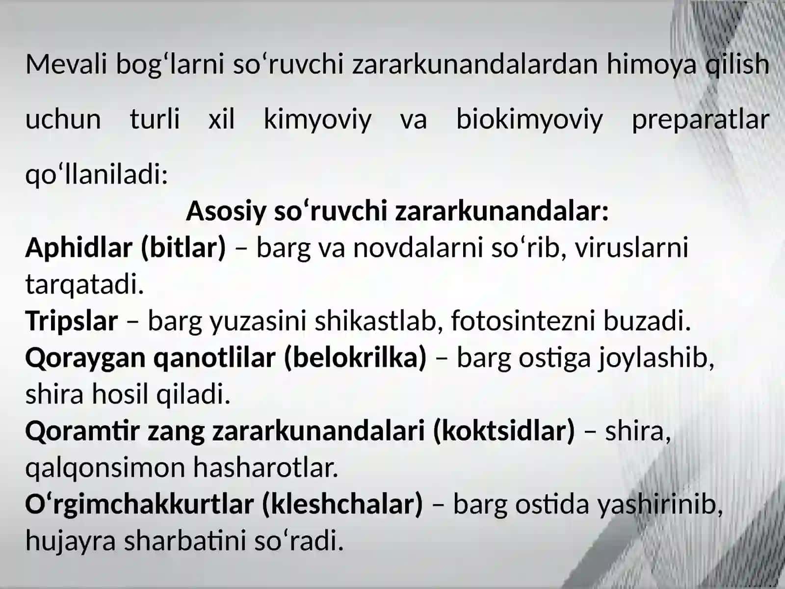 MEVALI BOG'LARNI SO'RUVCHI ZARAKUNANDALARDAN HIMOYA QILISHDA QO'LLANILADIGAN PREPARATLAR 2