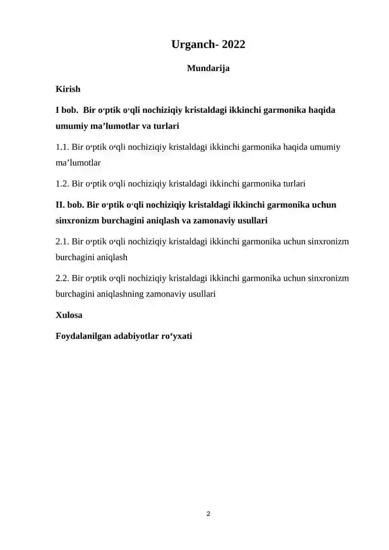 Bir o‘ptik o‘qli nochiziqiy kristaldagi ikkinchi garmonika uchun sinxronizm burchagini aniqlash 2