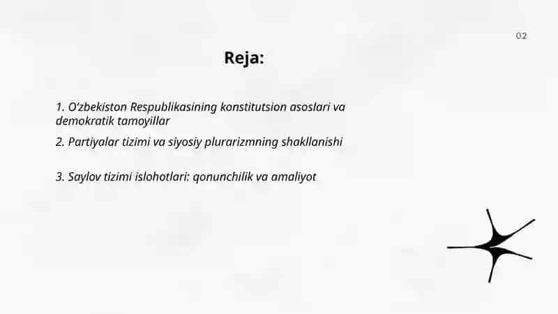 Oʻzbekistonda demokratik, fuqarolik jamiyati asoslarining shakllanishi, amalga oshirilgan siyosiy islohotlar 2
