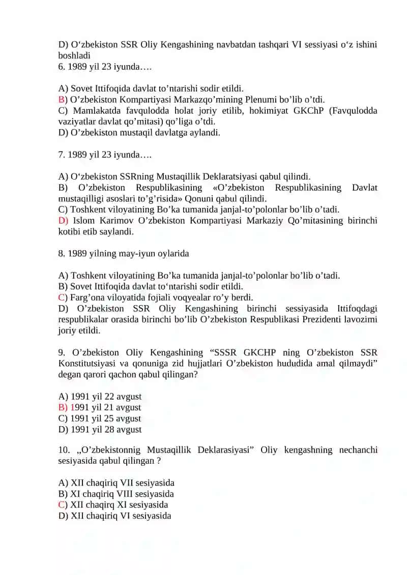 Mustaqillikka erishish arafasida O‘zbekistondagi ijtimoiy-siyosiy jarayonlar Test savollari 2
