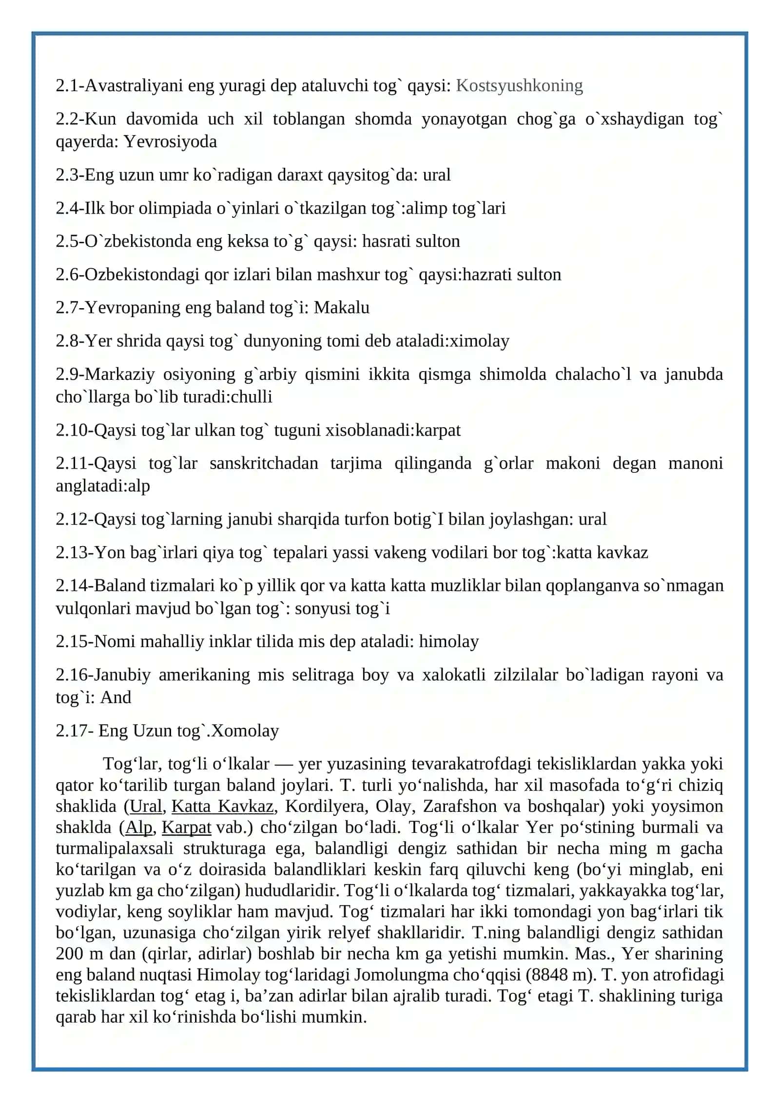 Eng yirik tog`lar nomlari 2
