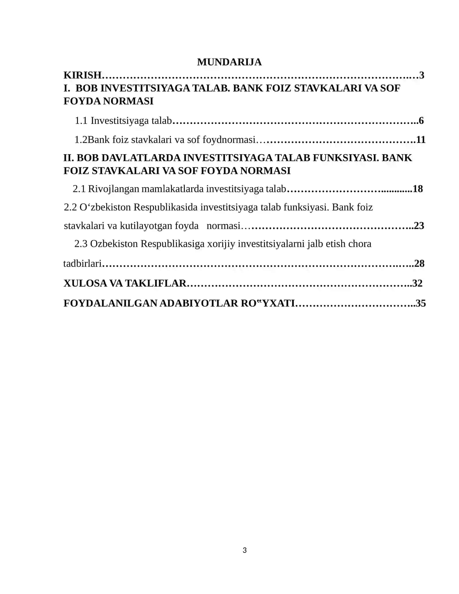 INVESTITSIYALARGA TALAB FUNKSIYASI.BANK FOIZ STAVKASI VA KUTILAYOTGAN SOF FOYDA NORMASI 2