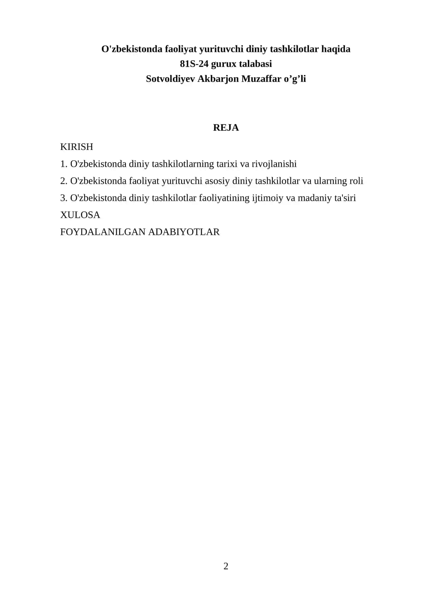 O'zbekistonda faoliyat yurituvchi diniy tashkilotlar haqida 2