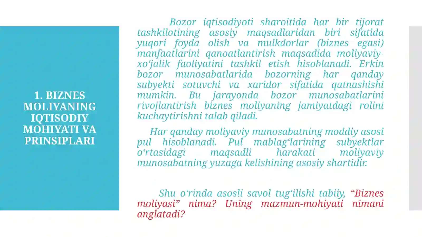 BIZNES MOLIYASINING MOHIYATI VA UNING TASHKIL ETILISHI 2