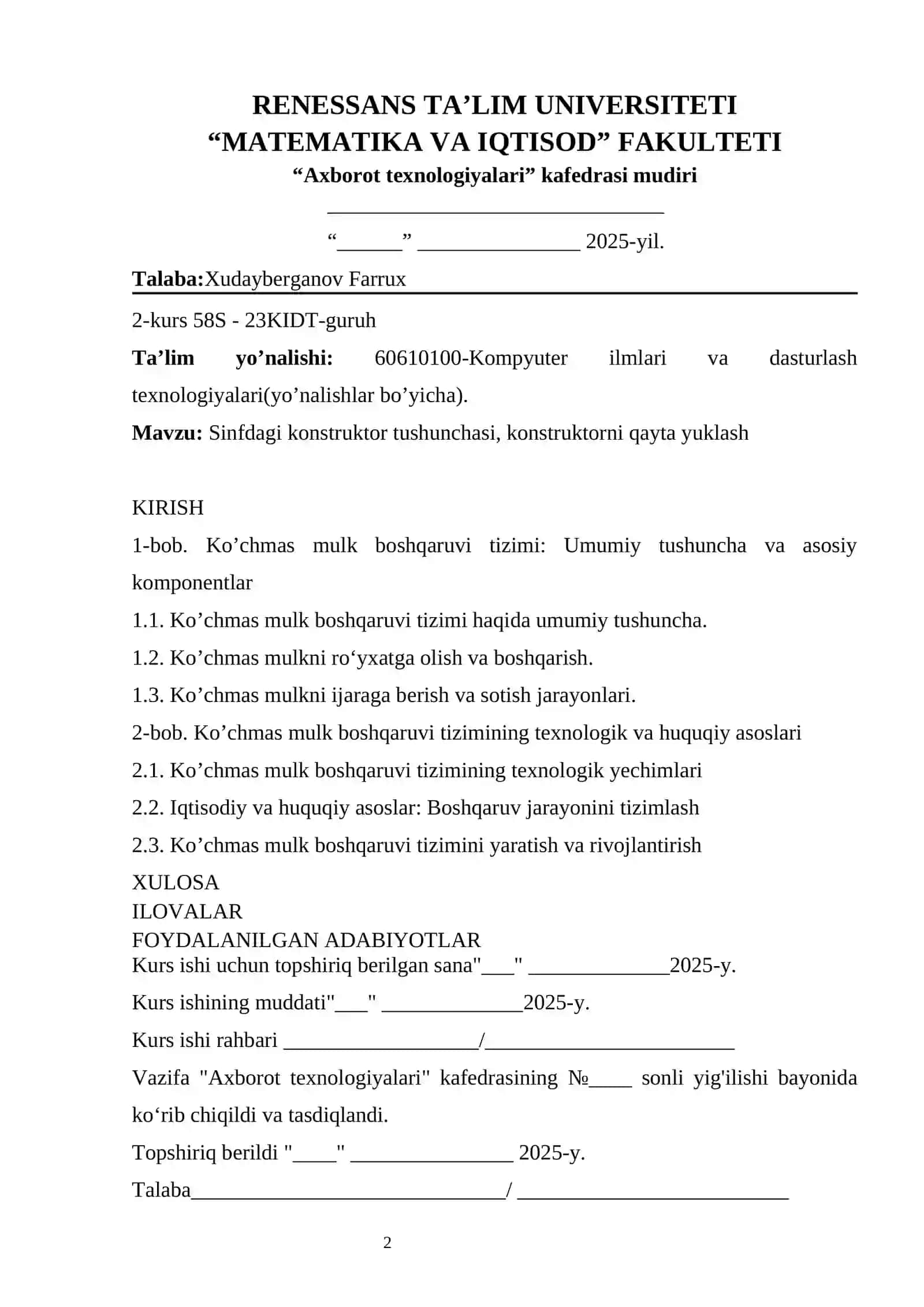 Kurs ishi: Ko’chmas Mulk Boshqaruvini Yaratish 2