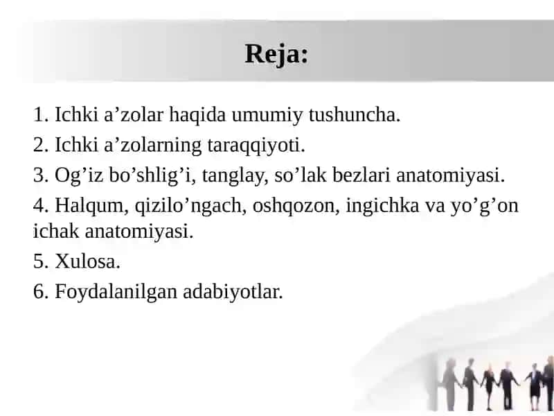 Mavzu: Ichki a’zolar to’g’risida umumiy tushuncha. Hazm a’zolarining taraqqiyoti. Hazm a’zolarining tuzilishining umumiy xususiyatlari. Оg’iz bo’shlig’ining аnаtоmiyasi. Tаnglаy. So’lаk bеzlаri. Hаlqum. Qizilo’ngаch. Mе’dа. Ingichkа vа yo’g’оn ichаk. 2