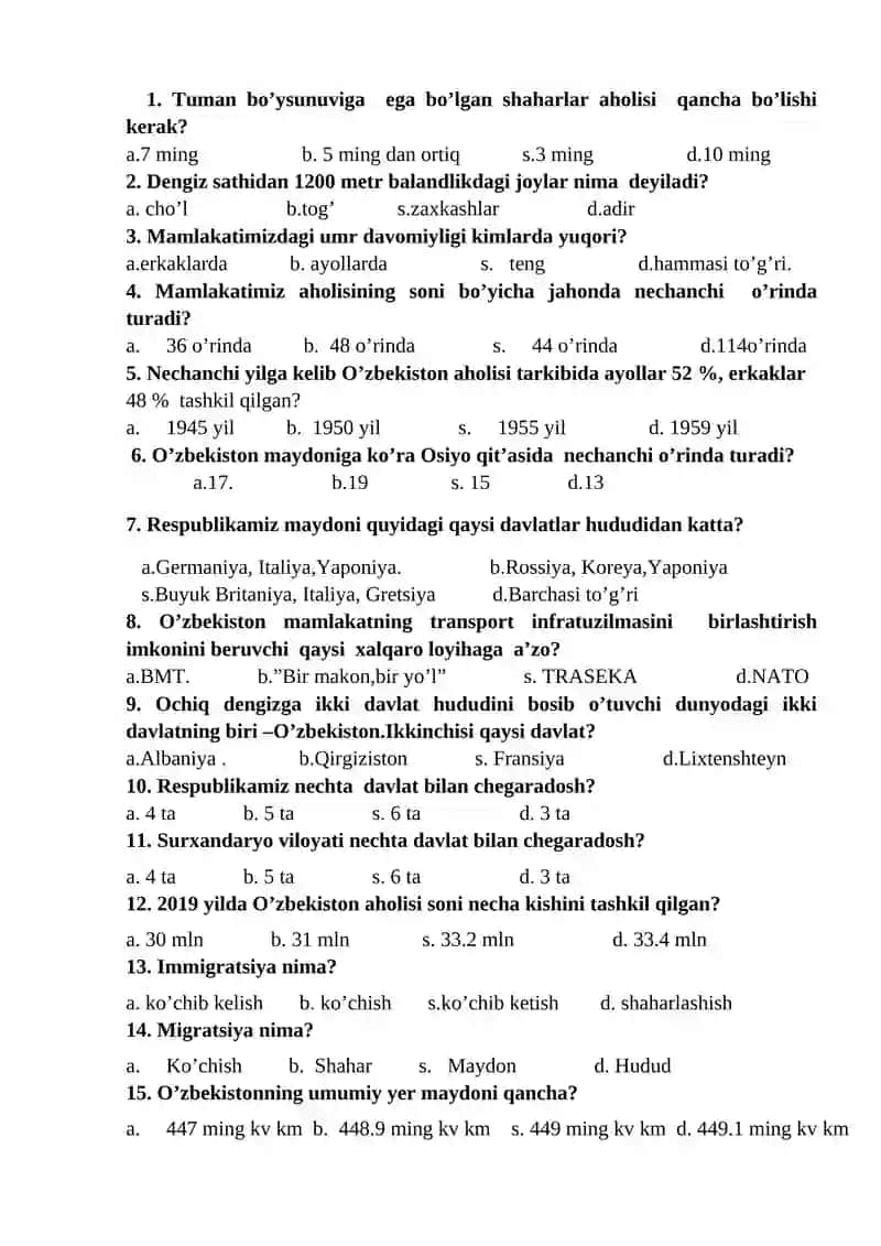 8-sinf Geografiya fanidan monitoring testi I-VARIANT 2