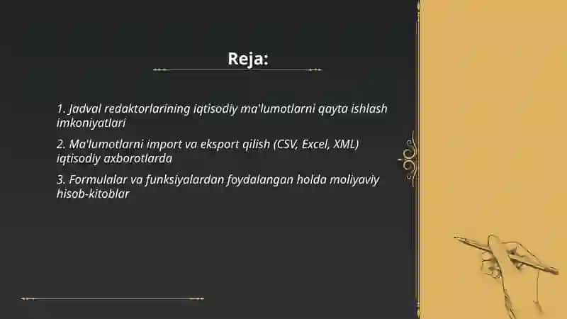 Iqtisodiy axborotlarni jadval redaktorlari vositalaridan foydalangan holda qayta ishlash dasturlari 2
