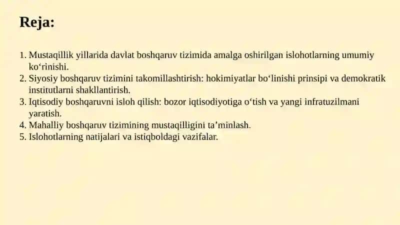 MUSTAQILLIK YILLARIDA DAVLAT BOSHQARUV TIZIMIDA AMALGA OSHIRILGAN ISLOHOTLAR 2