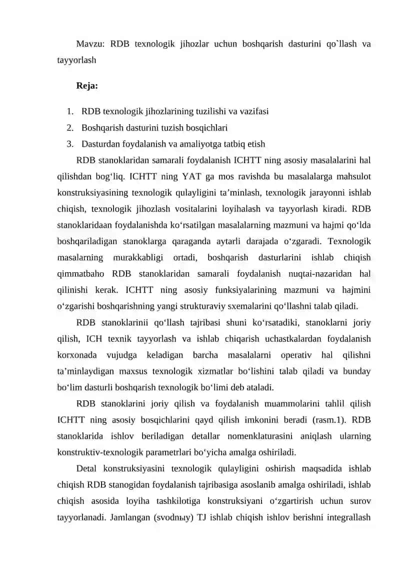 RDB texnologik jihozlar uchun boshqarish dasturini qo`llash va tayyorlash 2