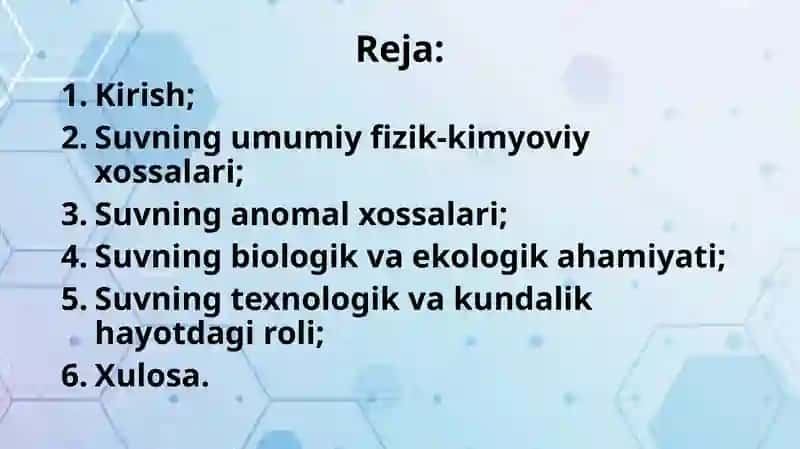 Suv.Suvning anomaliyalari va umumiy xossalari 2