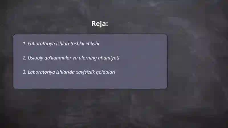 Laboratoriya ishlarini bajarish boʻyicha uslubiy qoʻllanmalar va tegishli oʻquv qoʻllanmalardan foydalanib,laboratoriya ishlarini bajarish tartibi va natijalarni qayta ishlash usullarini oʻrganish 2