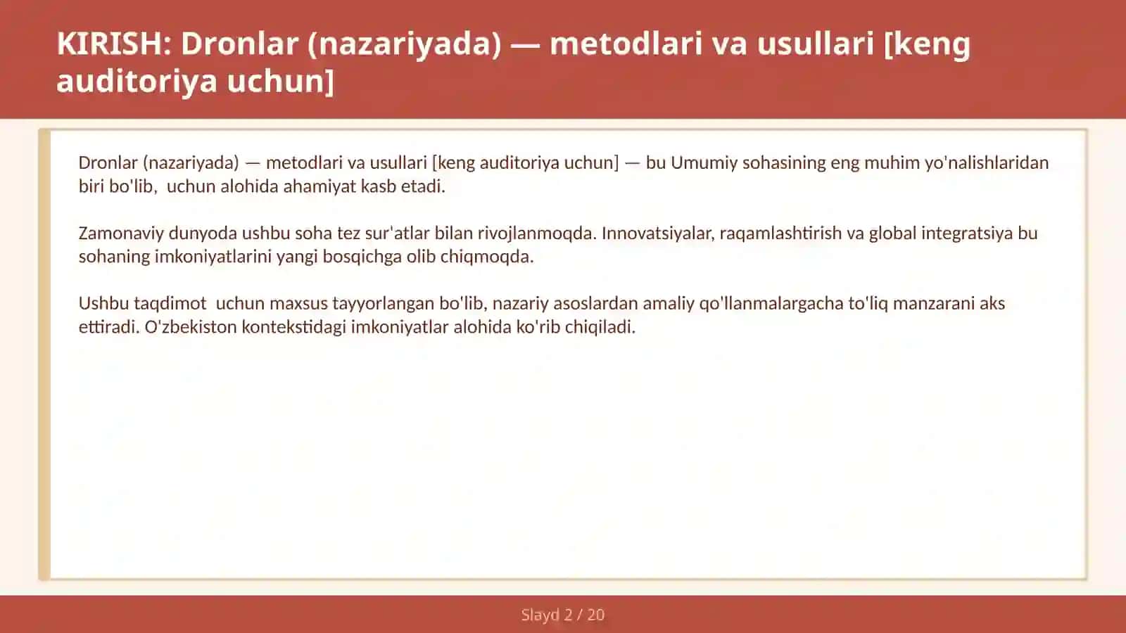 DRONLAR (NAZARIYADA) — METODLARI VA USULLARI [KENG AUDITORIYA UCHUN] 2