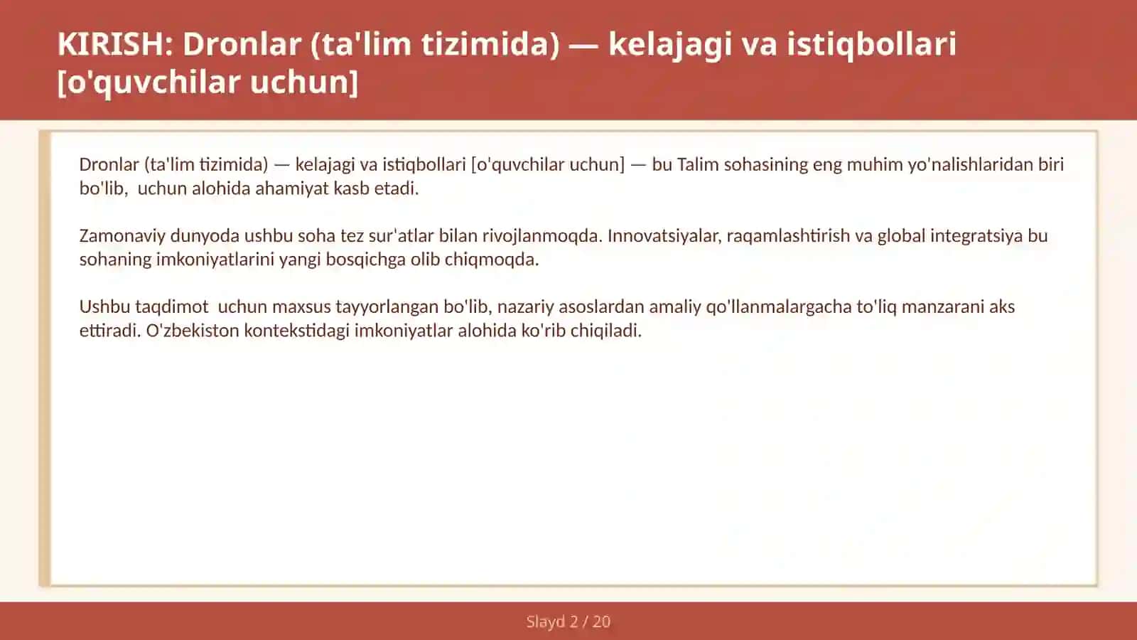 DRONLAR (TA'LIM TIZIMIDA) — KELAJAGI VA ISTIQBOLLARI [O'QUVCHILAR UCHUN] 2