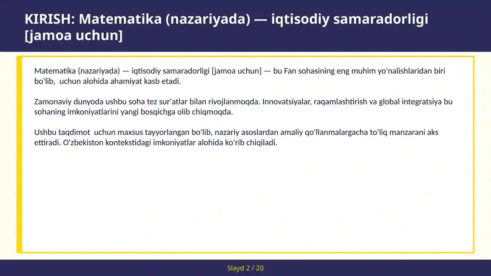 Matematika (nazariyada) — iqtisodiy samaradorligi [jamoa uchun] 2