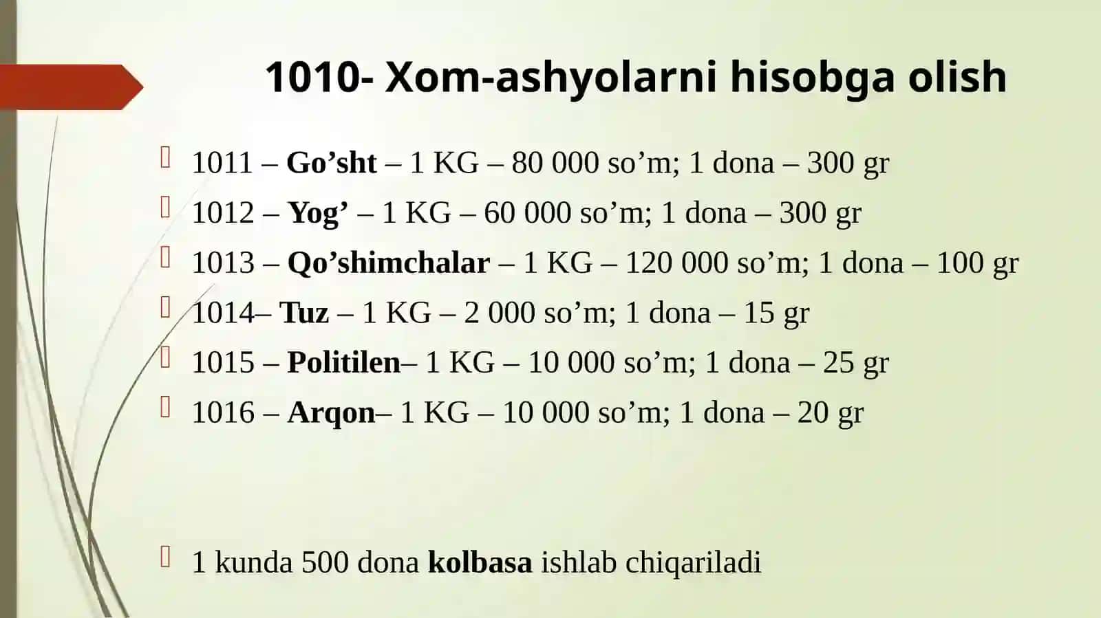 Xom ashyolarni xarid qilish. Mahsulot narxi hisobi 2