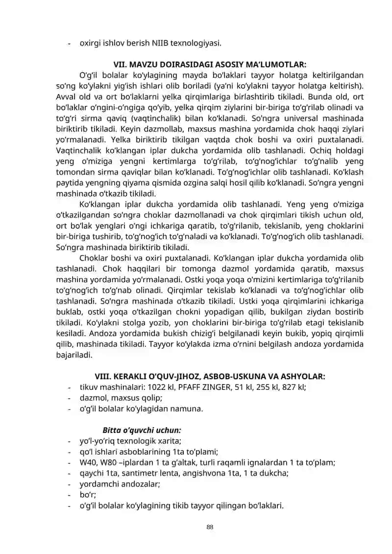 Tikuvchilik ishlab chiqarish tayyorlov yo’nalishi bo’yicha o’quv amaliyoti qo’llanmasi 2