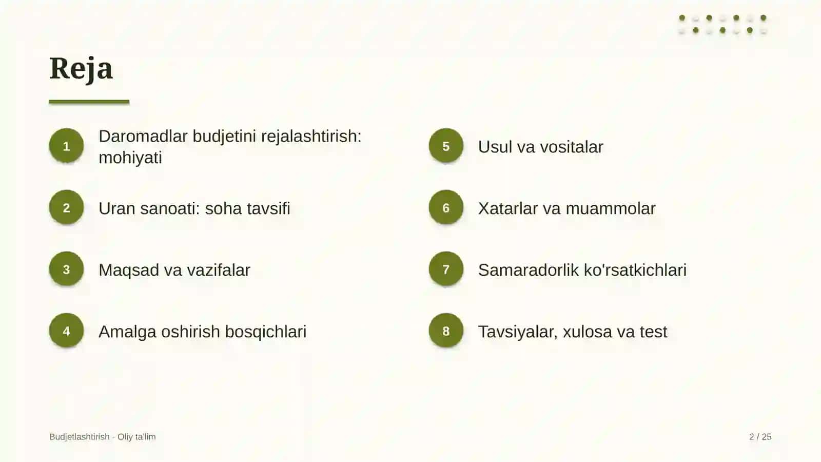 Uran sanoatida daromadlar budjetini rejalashtirish 2