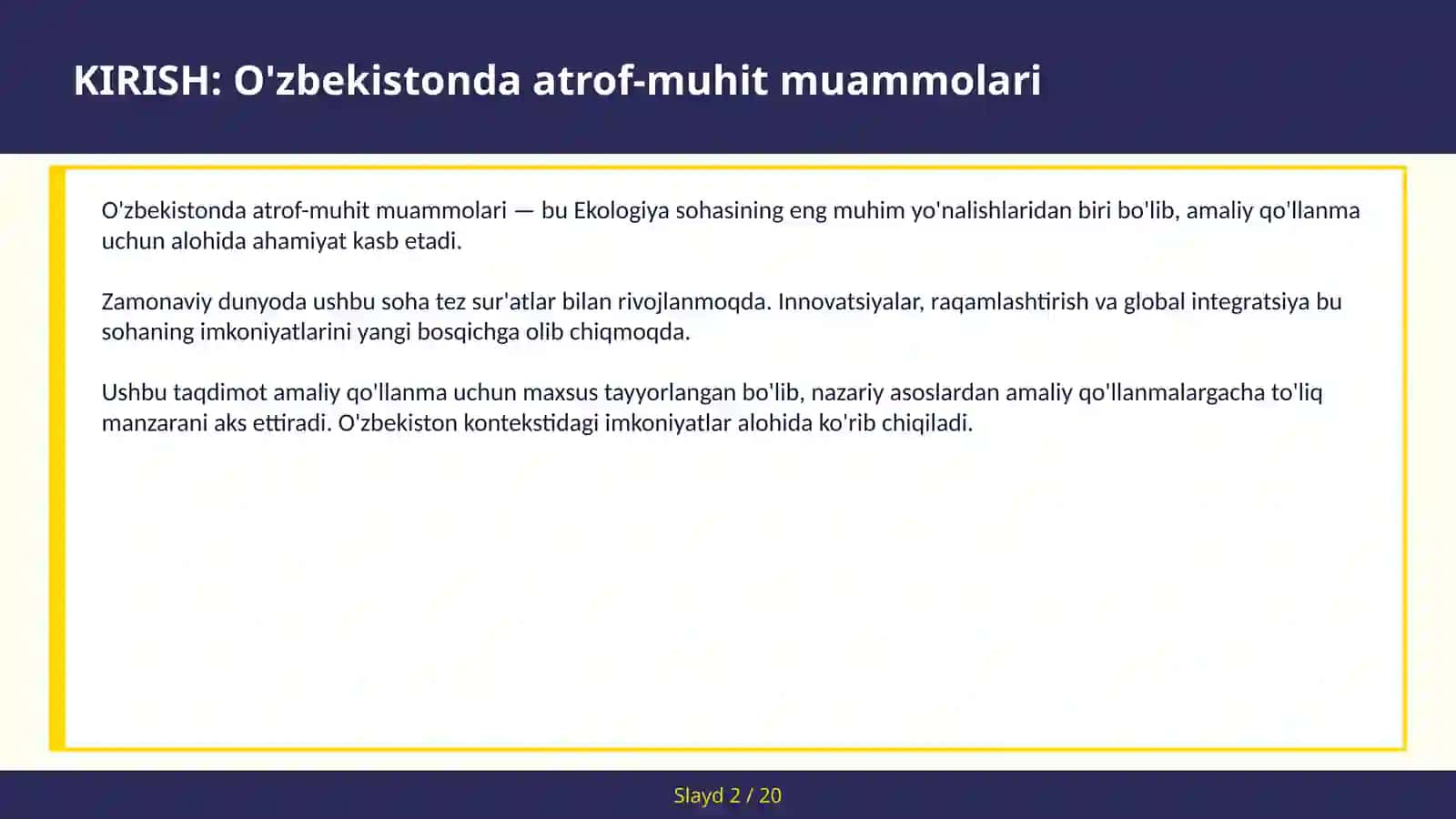 O'zbekistonda atrof-muhit muammolari Sug'orish, sanoat va shahar ekologiyasi - amaliy qo'llanma 2030 2