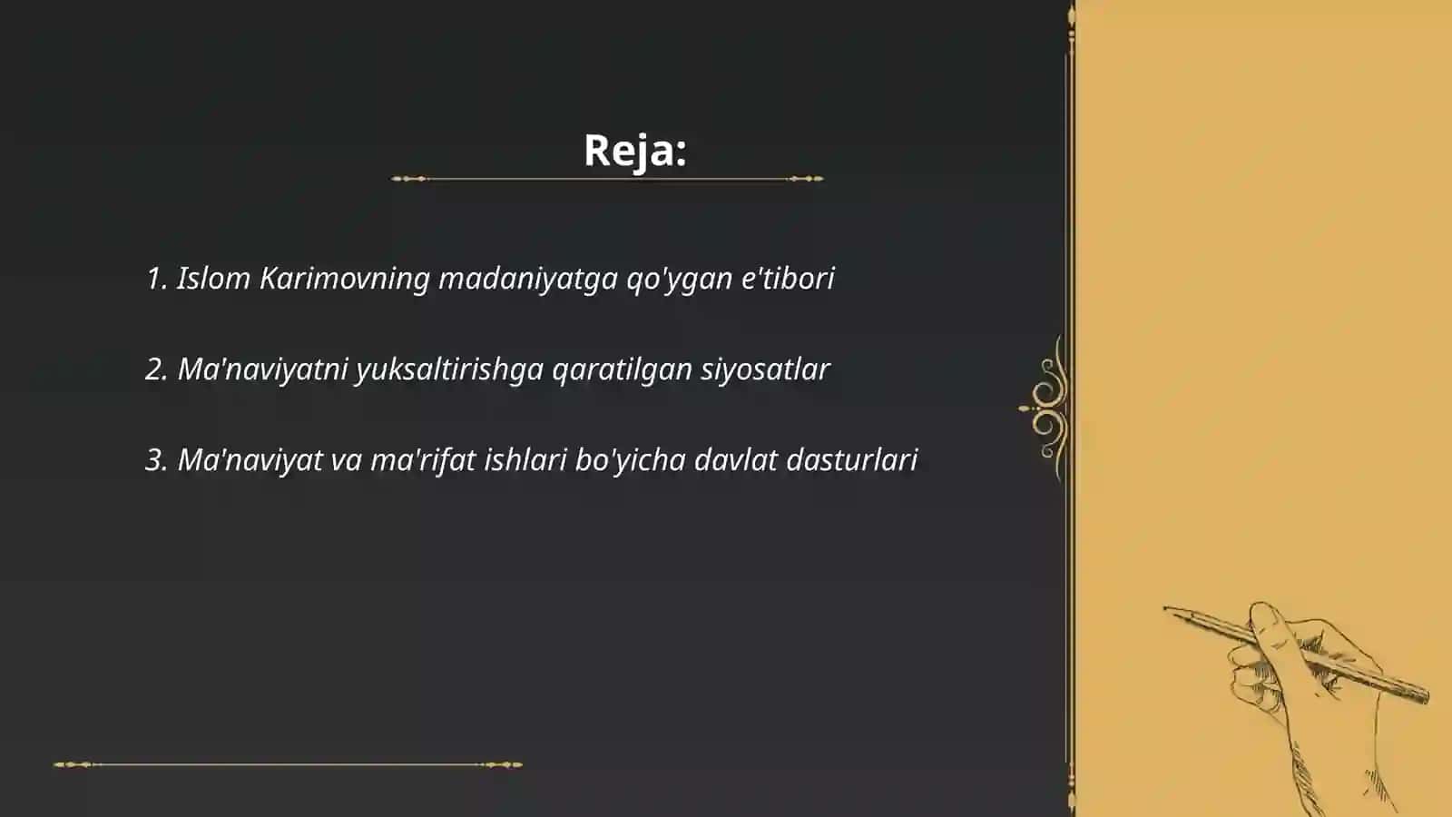 Islom Abdug'aniyeyevich Karimov madaniyat ma'rifat va ma'naviyat ishlari bo'yicha siyosati 2