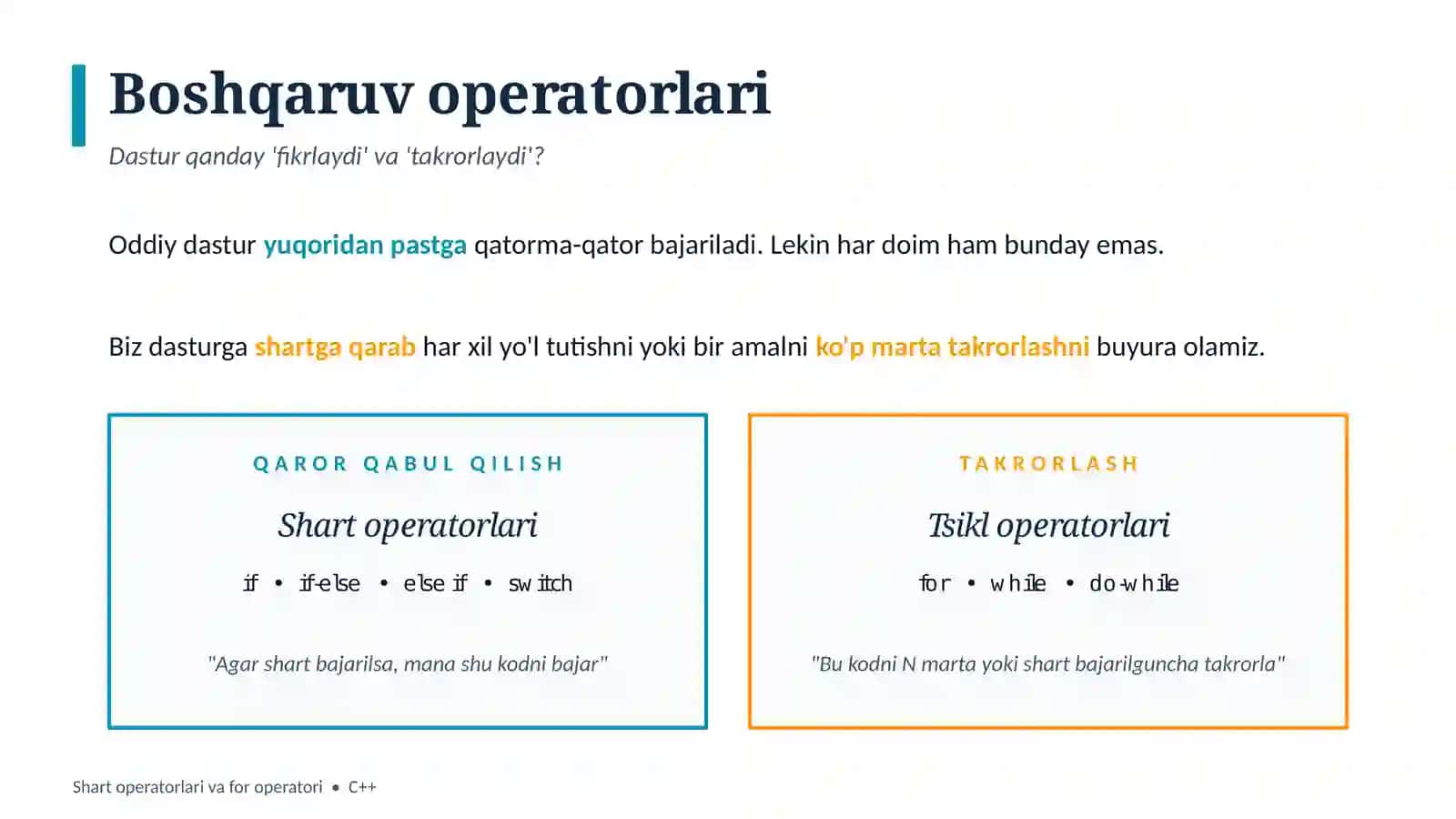 Shart operatorlari va for operatori • C++ 2