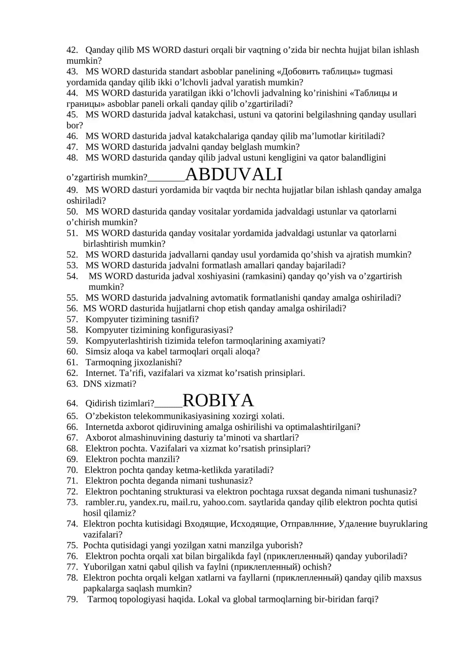 Tibbiyotda axborot texnologiyalari fanidan Oraliq nazorat uchun savollar 2