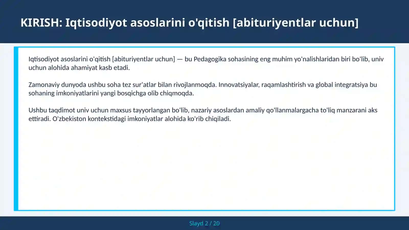 Iqtisodiyot asoslarini o'qitish [abituriyentlar uchun] 2