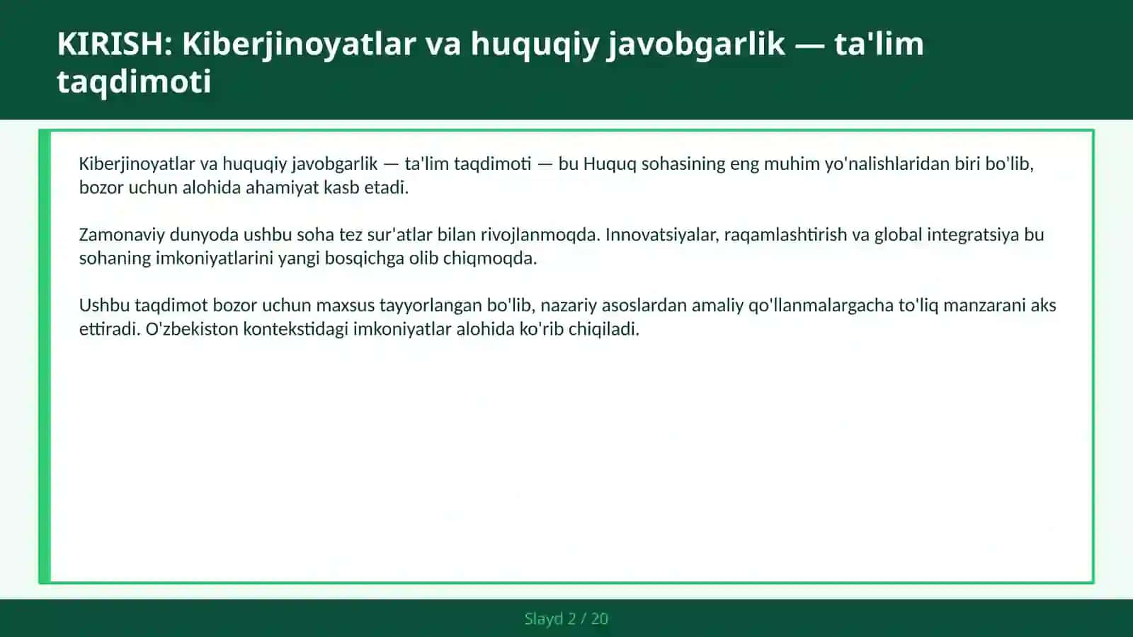 Kiberjinoyatlar va huquqiy javobgarlik — ta'lim taqdimoti 2