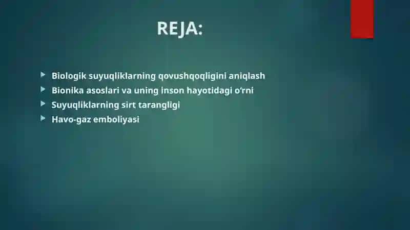 Biologik suyuqliklarning qovushqoqligini aniqlash usullarini o'rganish. Bionika asoslari va uni inson hayotidagi o'rni. Suyuqliklarning sirt tarangligi.Havo gaz emboliyasi 2