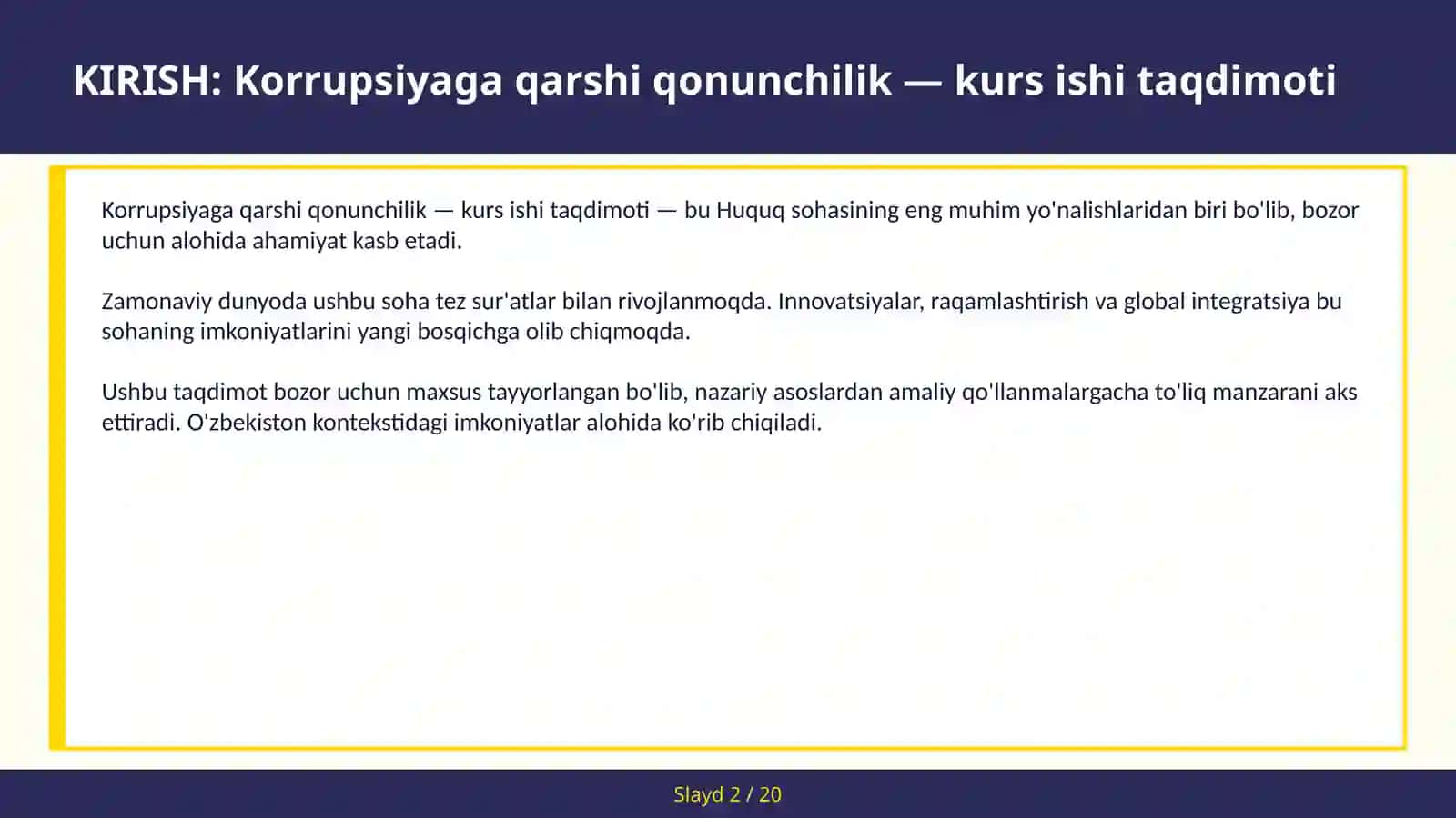 Korrupsiyaga qarshi qonunchilik — kurs ishi taqdimoti 2
