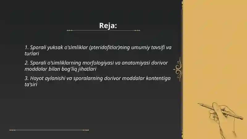 Dorivorlik xususiyatlariga ega sporali yuksak o'simliklar bilan tanishish va taxlil qilish 2