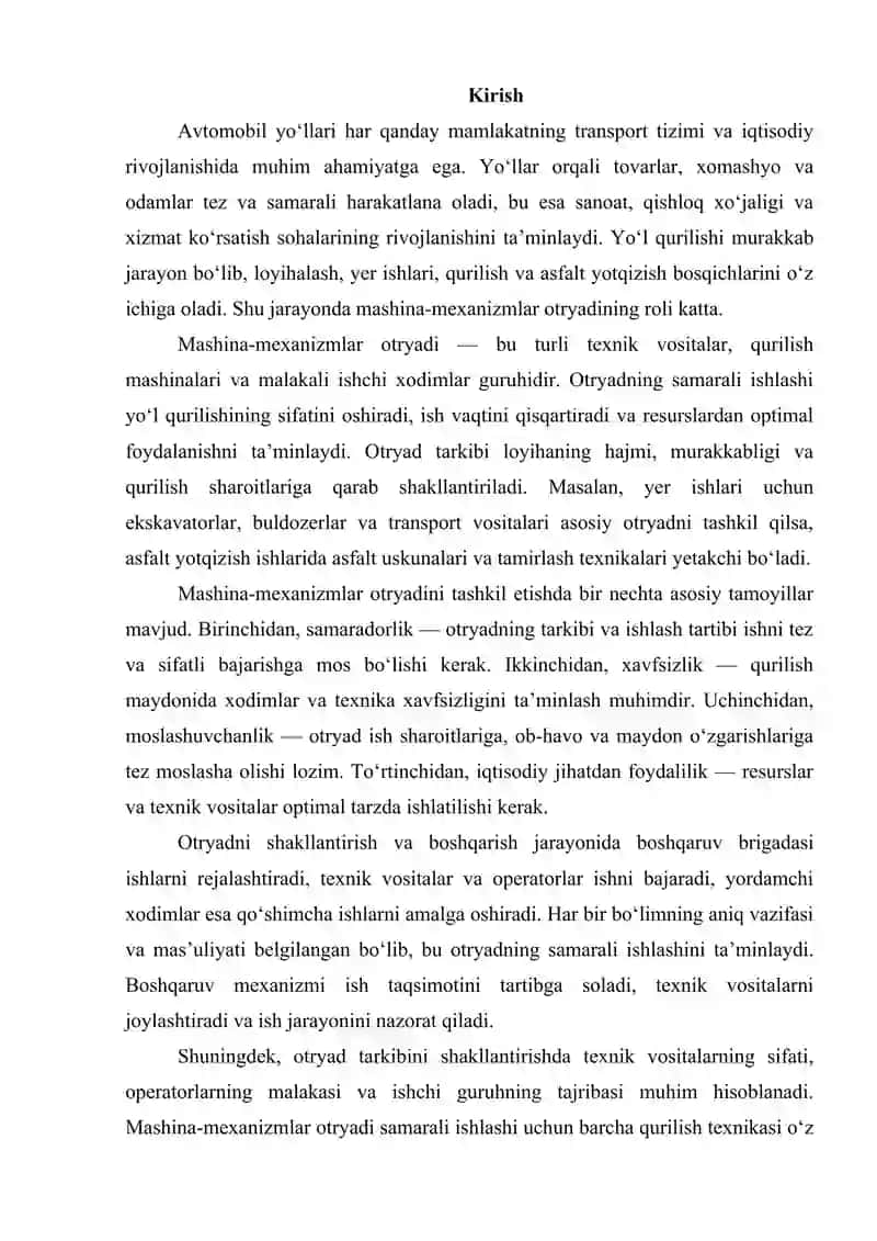 Avtomobil yoʻllarini qurishda mashina-mexanizmlar otryadini shakllantirish oʻziga xos xususiyatlari 2