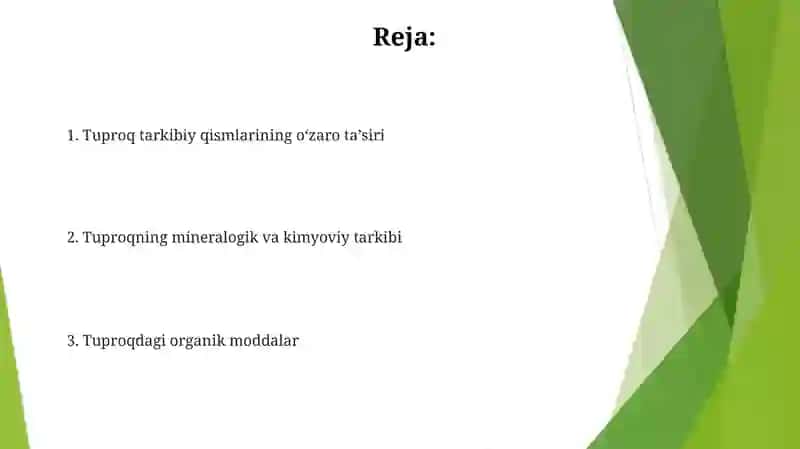 Tuproqlarning mineralogik va kimyoviy tarkibi, tuproqdagi organik moddalar 2
