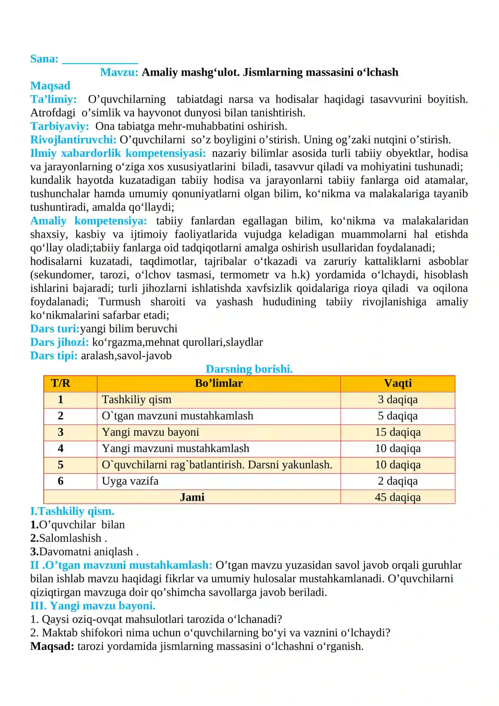 3-sinf Tabiiy fan (Science) Jismlarning massasini o'lchash amaliy mashg'ulot 2
