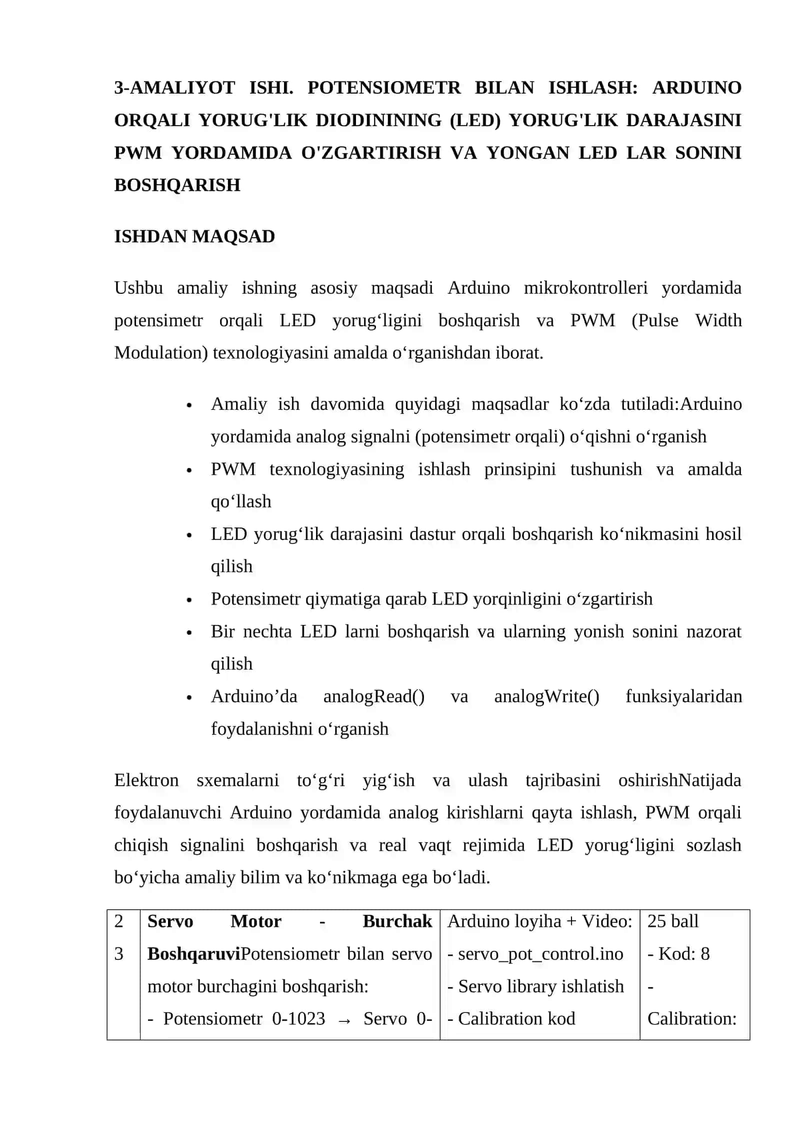 AMALIYOT ISHI. POTENSIOMETR BILAN ISHLASH: ARDUINO ORQALI YORUG'LIK DIODININING (LED) YORUG'LIK DARAJASINI PWM YORDAMIDA O'ZGARTIRISH VA YONGAN LED LAR SONINI BOSHQARISH 2