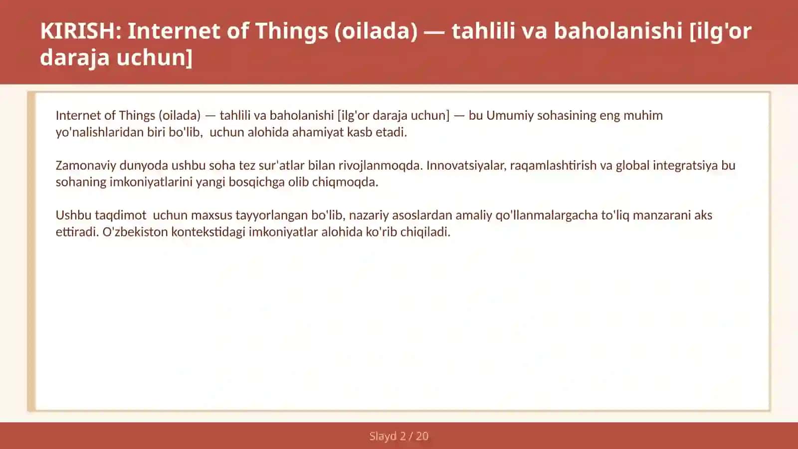 INTERNET OF THINGS (OILADA) — TAHLILI VA BAHOLANISHI [ILG'OR DARAJA UCHUN] 2
