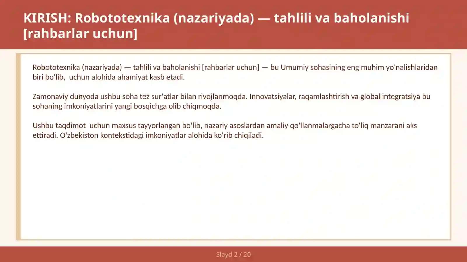 Robototexnika (nazariyada) — tahlili va baholanishi [rahbarlar uchun] 2