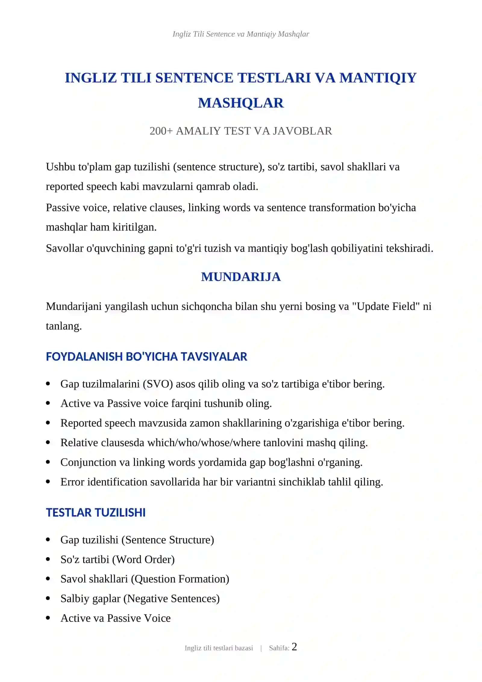 INGLIZ TILI SENTENCE TESTLARI VA MANTIQIY MASHQLAR 2